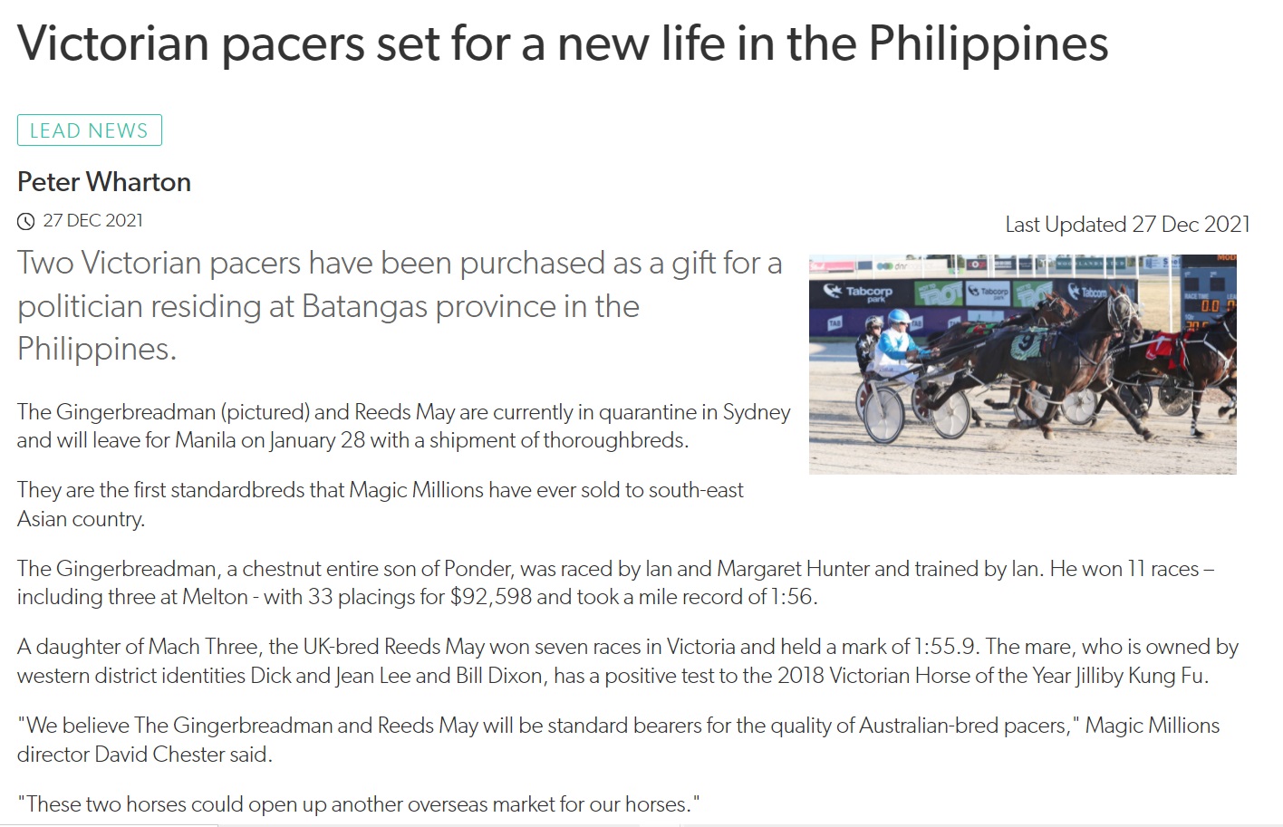 The Magic Millions Consign Old Pacers to the Plates of Rich, Weird, Wackos in the Phillipines Who Believe That Eating Them Will Ensure They Live Forever