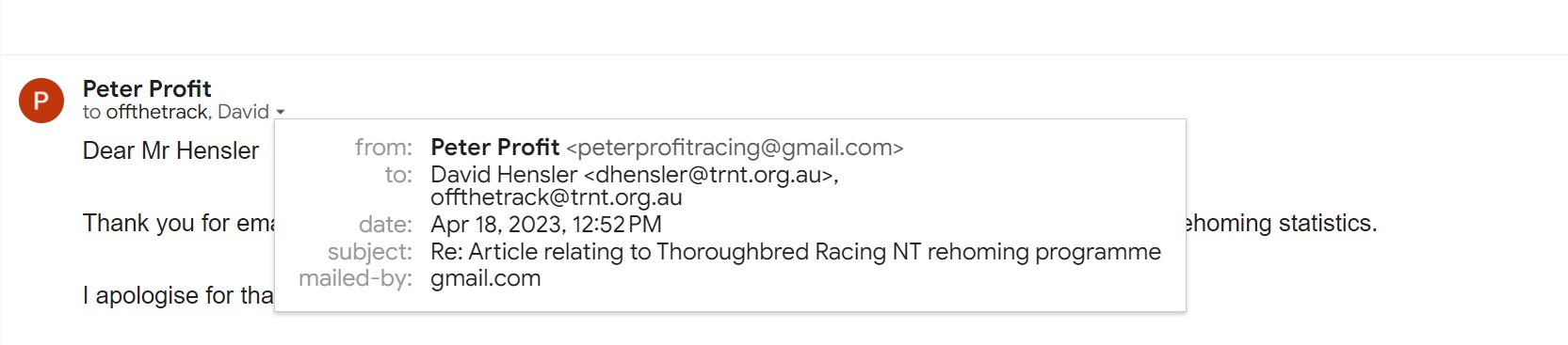 Letter to the NT Chairman of Stewards Seeking Information About Dead and Retired Horses, Presumed Rehomed