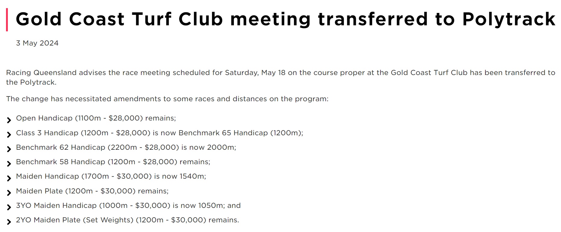 And Then There Was One – The Last Gold Coast Turf Meeting Left Before the Million Dollar Night Card Bumped to the Poly