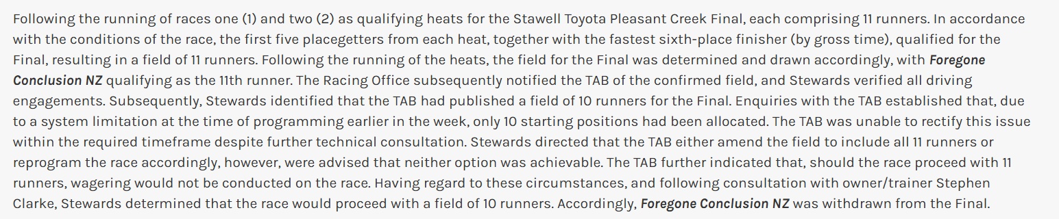TAB Blunder Costs a Horse a Start in a $10 000 Final
