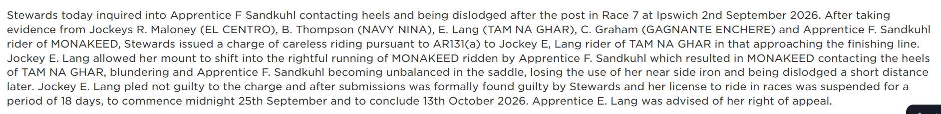 Emily Lang Cops an 18 Day Suspension